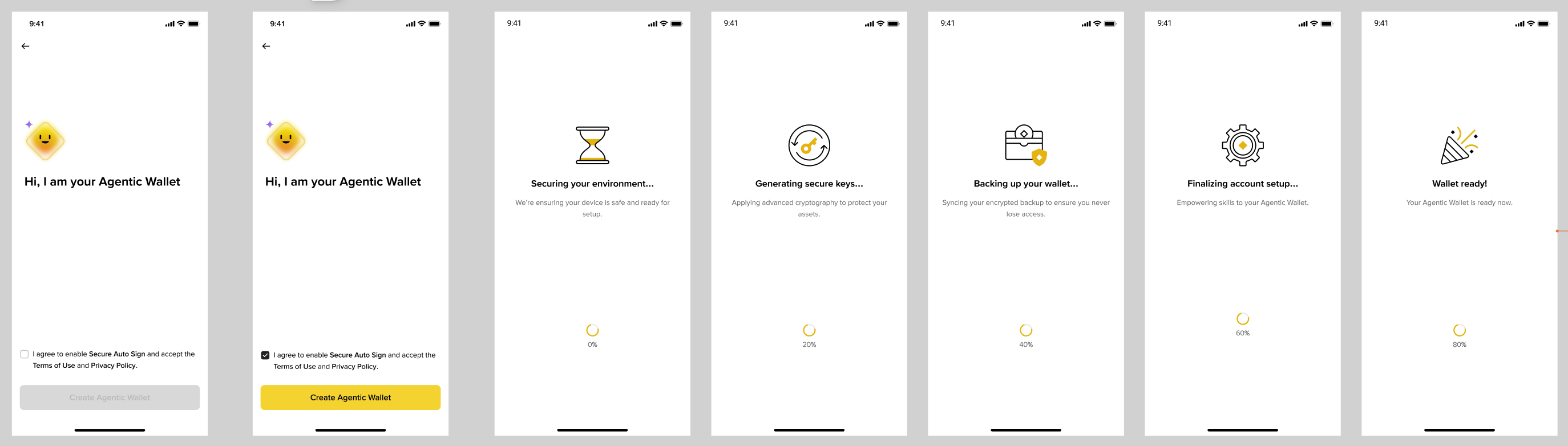 Agentic wallet creation: securing the device, generating and backing up keys