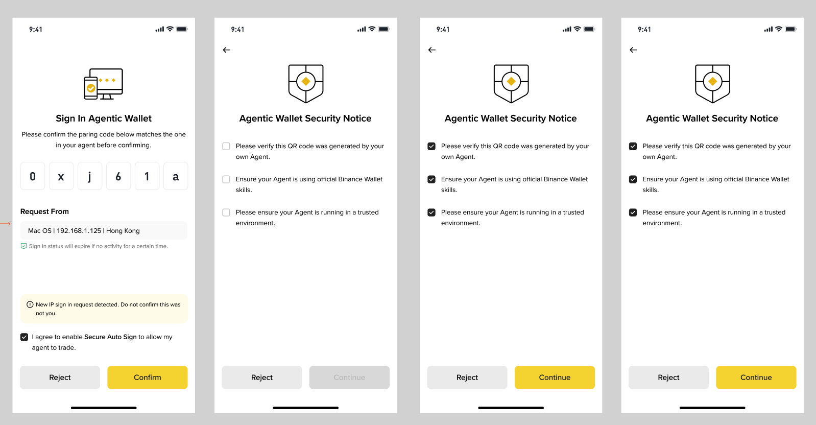 Confirm the pairing code and the security checklist, then the wallet is signed in